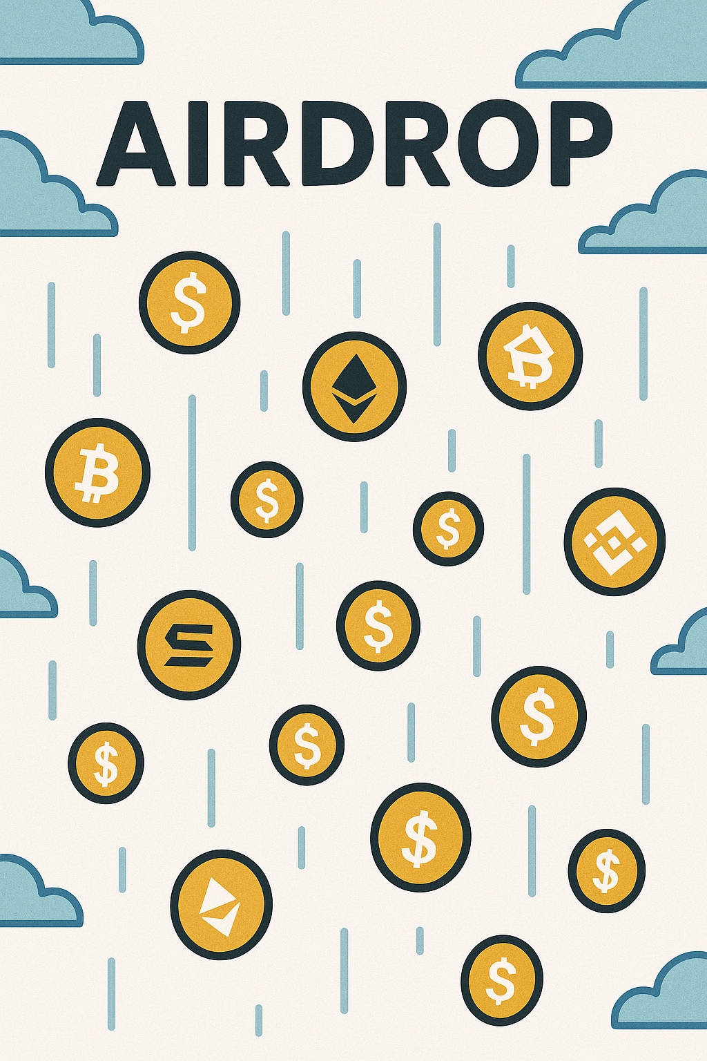 Exemplificar o que são Air Drops com simbolos de cripto moedas caindo