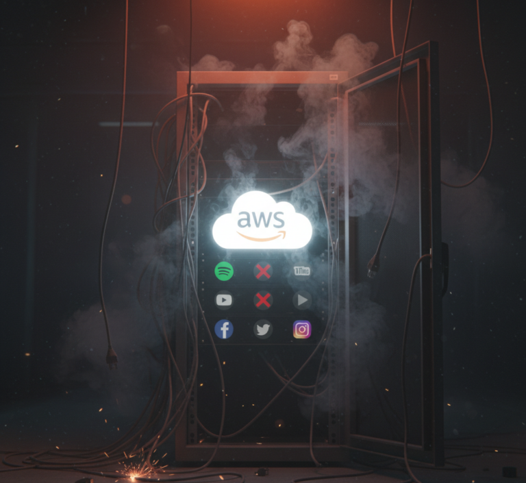 Servidor AWS em pane, com fumaça, cabos desconectados e ícones de aplicativos famosos (Netflix, Spotify, YouTube, Facebook, Twitter, Instagram) apagados e com símbolos de erro, ilustrando uma falha de serviço.