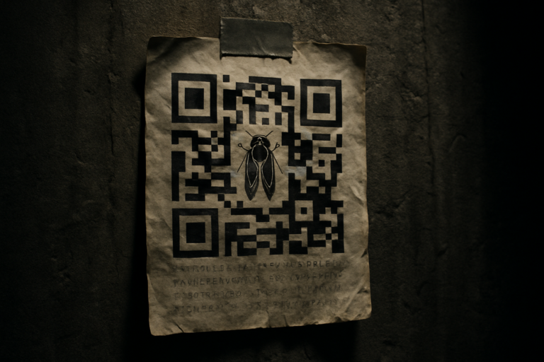 Imagem de um código QR preto e branco com o símbolo de uma cigarra (cicada) no centro, sobreposto a um fundo de texto criptografado ou binário.
