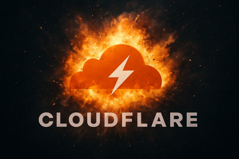 Explosão estilizada envolvendo o logotipo da Cloudflare, cercado por chamas e faíscas.