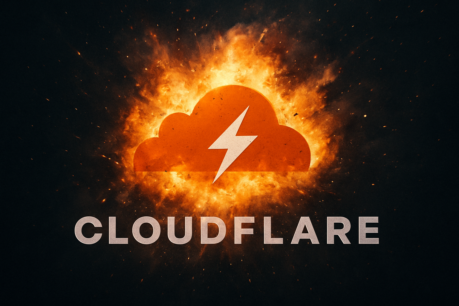 Explosão estilizada envolvendo o logotipo da Cloudflare, cercado por chamas e faíscas.