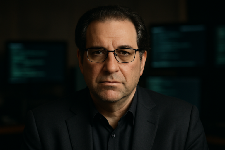 Retrato realista de Kevin Mitnick, ex-hacker e consultor de cibersegurança, com óculos e expressão séria.