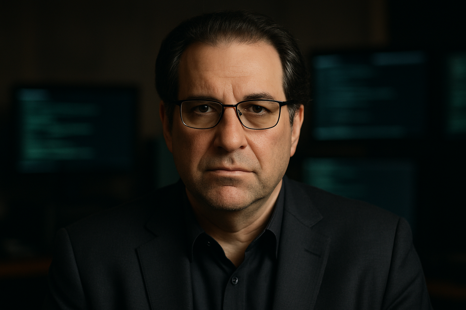 Retrato realista de Kevin Mitnick, ex-hacker e consultor de cibersegurança, com óculos e expressão séria.