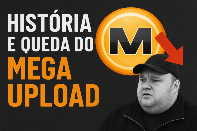 Banner representando a historia do MegaUpload com uma foto do fundador Kim dotcom