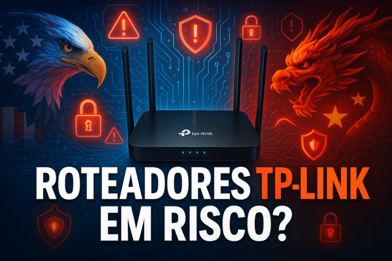 Imagem dramática de um roteador TP-Link entre a águia americana e o dragão chinês, simbolizando a disputa de segurança nacional e o risco de banimento nos EUA.