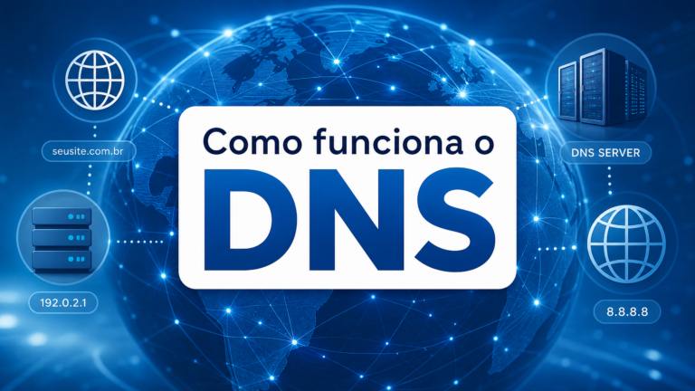 Representação visual da internet como uma rede global conectada, com icones de servidores e globos