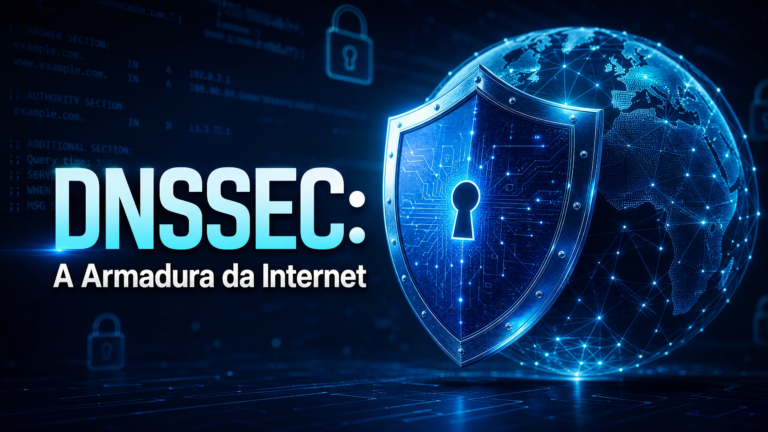 Thumbnail do post sobre DNSSEC mostrando um escudo azul protegendo o globo terrestre contra ataques cibernéticos.