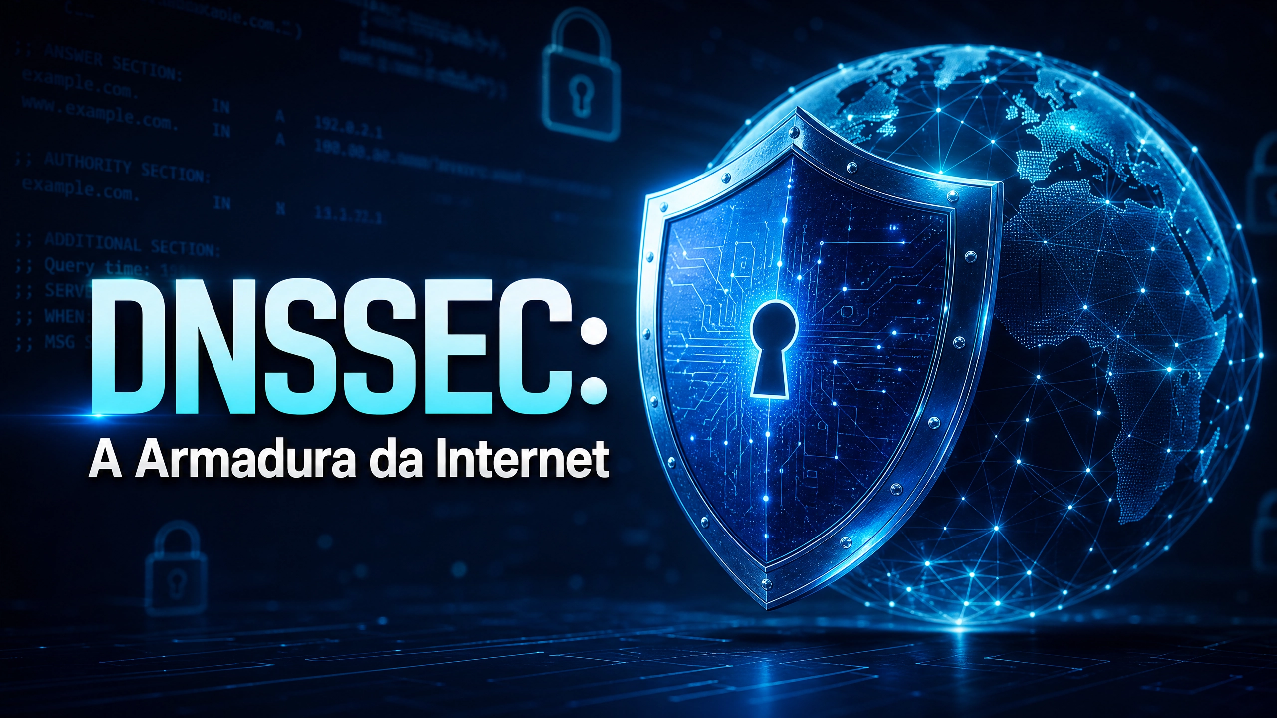 Thumbnail do post sobre DNSSEC mostrando um escudo azul protegendo o globo terrestre contra ataques cibernéticos.