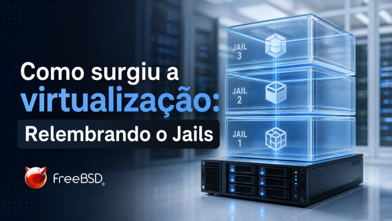 Thumbnail sobre a história da virtualização com foco em FreeBSD Jails, mostrando servidores e camadas de isolamento.